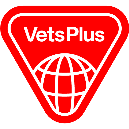 Vets Plus Logo Red Triangle with Globeand words Vets Plus
